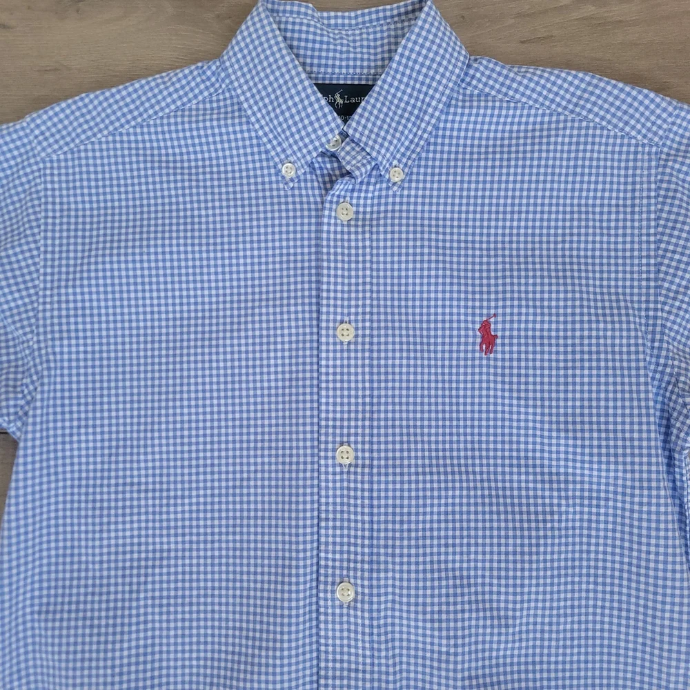 Polo Ralph Lauren Boys Cotton Gingham Blue ShortS Button Down Shirt M 10-12 Prep